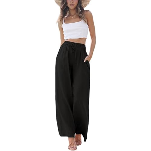 Linen High Waisted Wide Leg Palazzo Pants for Women Casual Summer Drawstring Trousers Flowy Beach Pants with Pockets