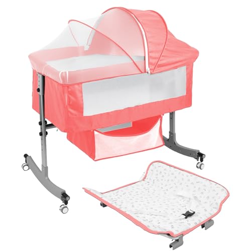 cadciehe Cuna y moisés multifunción 4 en 1, cuna convertible de altura ajustable de 6 niveles con cambiador, cesta de almacenamiento, ruedas y mosquitera, cuna portátil para bebé (rosa)