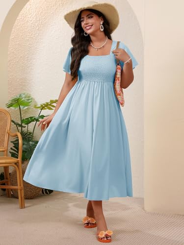 Image of Floerns Women's Plus Size Floral Square Neck Flounce Short Sleeve A Line Maxi Dress