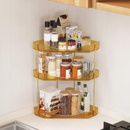 Image of Lifewit 3-Tier Corner Bathroom Counter Organizer, Plastic Makeup Skincare Organizers Storage Countertop, Large Sink Cosmetic Perfume Shelf for Bedroom, Dresser, Kitchen, Vanity, Gold, 25 cm /10inch(H)