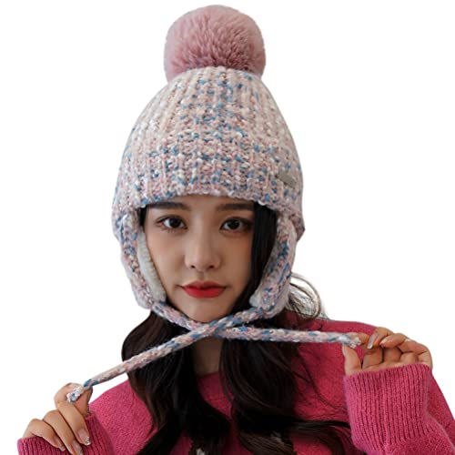 Kid Ear Flap Warmer Fleece Lined Winter Knit Beanie Hat Ski Cap Pom Pom Girl Boy