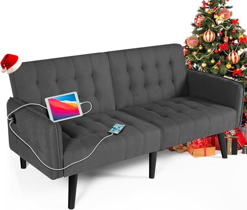 TYBOATLE 65“ Modern Fabric Linen Upholstered Convertible 2 USB Prots Folding Futon Couch Sofa Bed, Foldable Loveseat Furniture for Compact Small Space, Dorm, Living Room Apartment, Office (Dark Grey)
