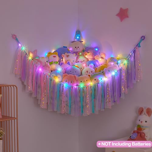 Image of FIOBEE Stuffed Animals Net LED Light Toy Hammock for Kids Bedroom Storage | Stuffed Animals Storage Organizer, Girls Room Decor, Teddy Bear Holder, Space Saving, for Kids Nursery Bedroom Playroom