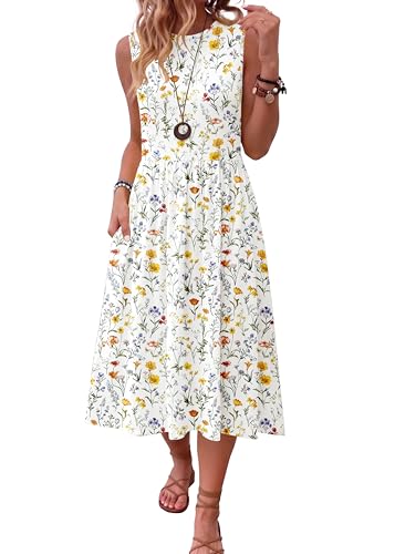 HOTOUCH Vacation Dresses for Women 2026 Hawaiian Print Sleevelss Summer Tank Midi Sundress Casual Floral Boho Beach Dress A-Line Swing Flare Tshirt Dress