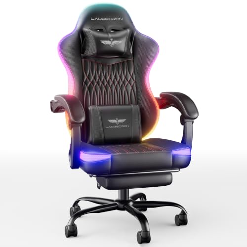 LaoGeoRon Ergonomic Gaming Chair RGB LED Lights Computer Chairs with Retractable Footrest 400 lbs Lumbar Support Linked Armrests Gamer Chair High Back Heavy Duty Video Game Chairs (Black Red)
