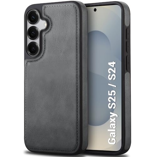 Image of TheGiftKart Genuine Leather Finish Back Cover Case for Samsung Galaxy S25 / S24 5G | Raised Edges for Camera & Screen Protection | Stunning Minimalist Design Back Case Cover (Black Sides, Grey)