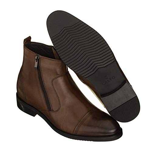 Image of CALTO Men's Invisible Height Increasing Elevator Shoes - Dark Brown Premium Leather Lightweight Zipper Boots - 2.8 Inches Taller - S28002 - Size 12 D(M) US
