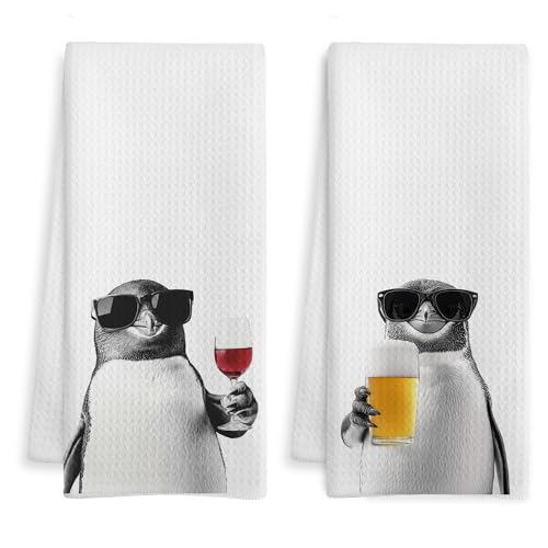 WOTYPU Funny Penguin Kitchen Bar Towels, Penguin Gifts for Women Men, Gifts for Wine Beer Lovers Decorative Hand Towels for Kitchen Bar Cart Decor, 16x24 Inch Set of 2