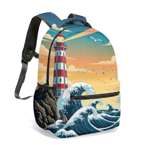 Mochila Lighthouse Waves de 40,6 cm com estampa de céu estrelado náutico e bússola de gaivota, bolsa de arte gráfica marítima, 08, G