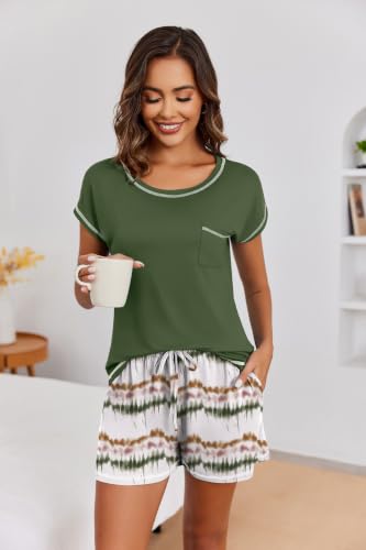 Image of Ekouaer Womens Pajama Sets 2 Piece Soft Short Sleeve Top and Shorts Sleepwear Round Neck Pjs Lounge Set with Pockets