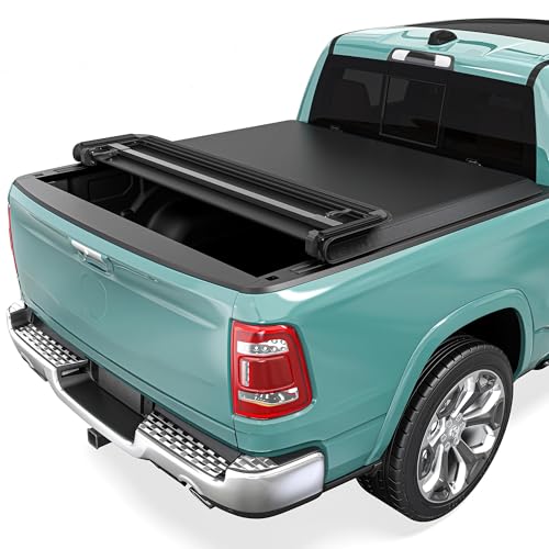 Soft Quad-Fold Truck Bed Tonneau Cover Fit for Dodge Ram 1500 (Classic & New) 2009-2025, 5.7 ft Bed w/o Rambox - Best Soft Quad-Fold Truck Bed Tonneau Cover Fit