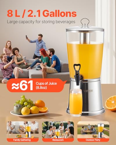 Image of VEVOR Beverage Dispenser, 2.1 Gallon Drink Dispenser for Parties, Stainless Steel + Plastic Juice Dispensers with Spigot Ice Chamber, Iced Tea Lemonade Juice Water Dispensers, for Restaurants, Hotels