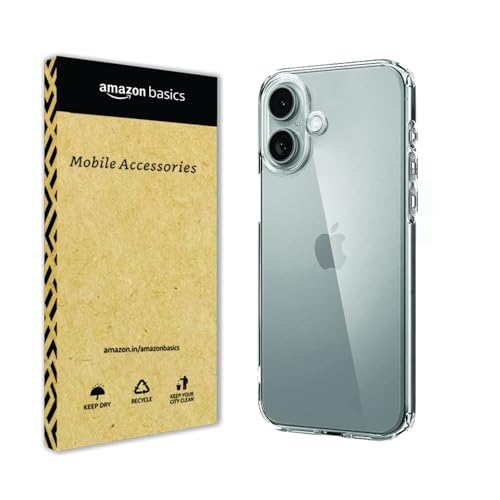 Image of amazon basics Ultra-Hybrid Crystal Clear Back Case Cover for iPhone 16 | Shockproof Design | Camera Protection Bump | Hard Clear Back | Bumper Case Cover for iPhone 16 (PC & TPU, Transparent)