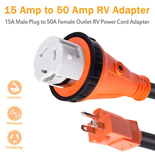 Mictuning 15A Male To 50A Female Rv Power Cord Plug Adapter Heavy Duty Electrical Power Adapter With Locking Connector, Led Indicator #TOP1
