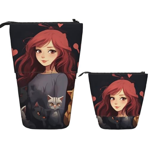 FZQVSLCM 伸縮式ペンケース 猫が大好きな女の子 立ちペンホルダー ポップアップペンシルポーチ かわいい スタンドアップコスメバッグ 旅行メイクバッグ 携帯トイレタリーバッグ レディース メンズ オフィス用品
