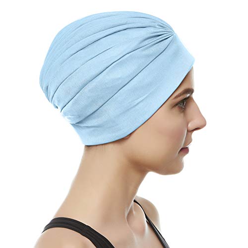 Beemo Swim Caps for Women Swimming Turban Polyester Latex Lined Pleated for Ladies - Light Blue