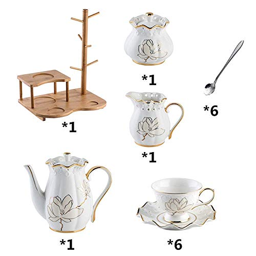 Juego de tazas de té y café de cerámica de estilo europeo de alta calidad, incluye 6 tazas de té y cuchara con 1 soporte de madera para tetera
