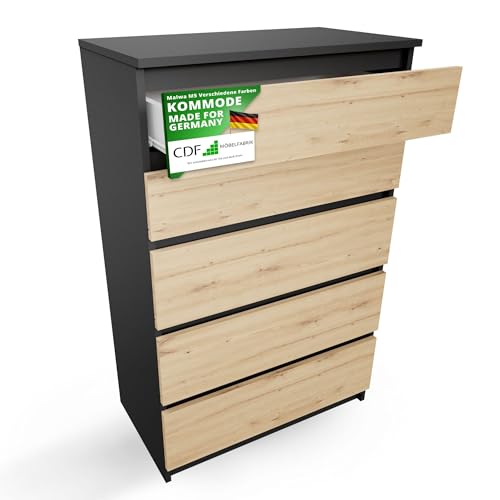 CDF Kommode Anthrazit Artisan mit 5 Schubladen 109 cm Hoch Sideboard Schmale Komode Schlafzimmerkommode für Flur Büro Schlafzimmer Wohnzimmer Schubladenschrank Regal mit Schubladen Schrank Möbelstück