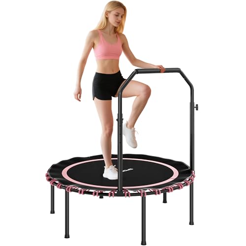SPORTNOW 40'' Foldable Fitness Trampoline, Mini Trampoline Bungee Rebounder with 5-Level Adjustable Handle for Adults Indoor Outdoor Exercise, Max Load 150kg, Pink