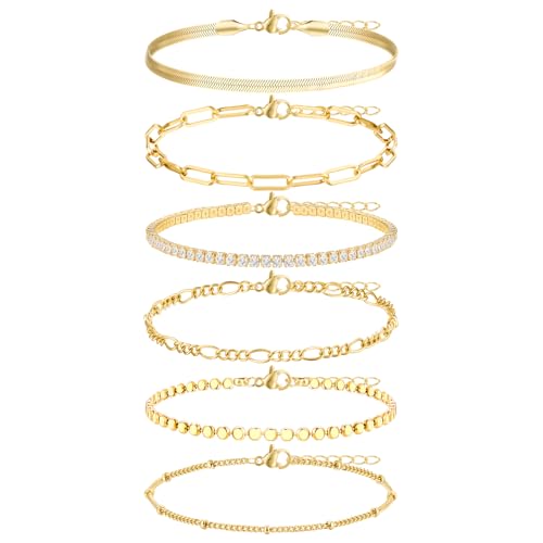 Image of Shining Diva Fashion Gold Plated Bracelet Set for Women & Girls | Set of 6 Trendy Chain Bracelets | Adjustable Layered Bracelet Combo for Daily Wear, Party, Office & Gifting