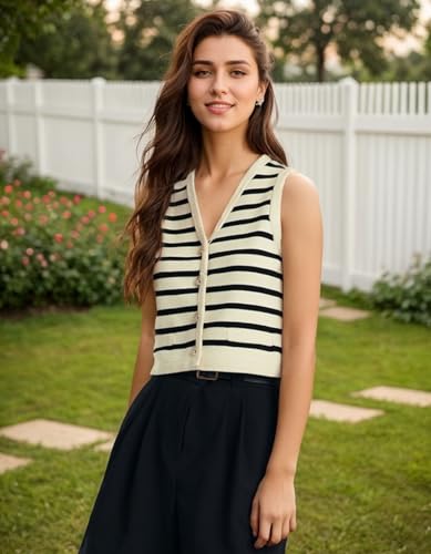 Image of Kedera Women's Sleeveless Knit Striped Sweater Vest Tank Tops Summer Slim V Neck Trendy Pullover, Large