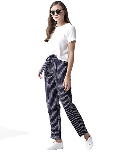 Image of Style Quotient Women Blue & White Original Tapered Fit Striped Cropped Trousers