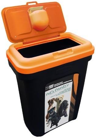 PET FOOD STORAGE CONTAINER BLACK HOLDS 15 25 KG. ORANGE LID RUBBER AIRTIGHT SEAL