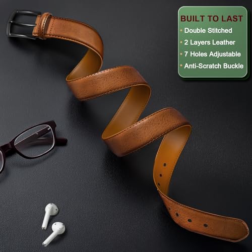 Image of BULLIANT Men Belt 2Pack-Leather Belt 7Holes Comfortable For Men's Dress Casual Jeans 1 3 /8 inch