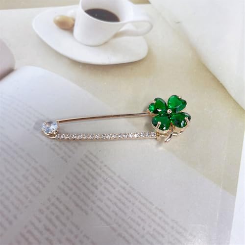 Image of Dainty Clover CZ Brooch Safety Pins Clip Scarf Sweater Shawl Waist Pants Luxury Sparkly Rhinestones Brooches for Collar Dress Skirt Suit Fashion Jewelry for Shamrock Party Birthday 2.2in