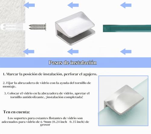 Abrazaderas para estante de cristal con fijación ajustable rectangular antideslizante de 6-9 mm 6