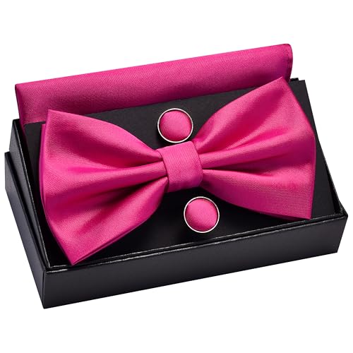 Image of GUSLESON Men's 3-pc Solid Color Bow Tie Gift Set - Double‑Fold Pre-Tied Bow Tie, Pocket Square, Cufflinks - Wedding Formal Party