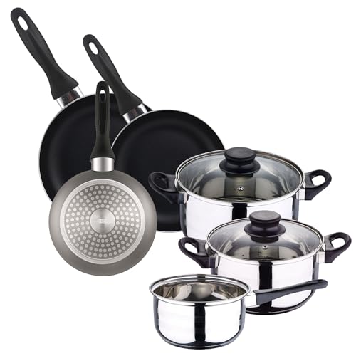 Well Home Set de Batería de cocina de 5pc en acero inoxidable + 3 Sartenes Ø16Ø20Ø24cm Gris metalizado en aluminio prensado