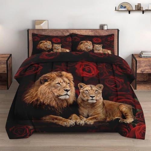 WeCozy Queen Size Comforter Set with 2 Pillowcases, Lion Family Soft 3 Pcs Bedding for Kids and Adults Bedroom Bed Decor