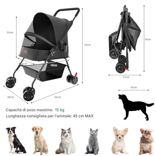 Bakaji Passeggino Per Animali Domestici Carico Massimo 15Kg, Carrozzina Per Cani E Gatti Pieghevole E Salvaspazio Con Cestello Portaoggetti E Ruote Bloccabili, Cappottina Protettiva Anti Uv (Nero) - 5