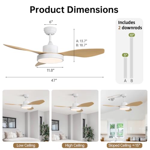 Image of Sofucor 47 Inch Ceiling Fan with Lights Flush Mount Modern Outdoor Ceiling Fans with Remote Control, 3CCT Dimmable 6 Speeds Quiet DC Motor & Timer for Patio Bedroom Living Room