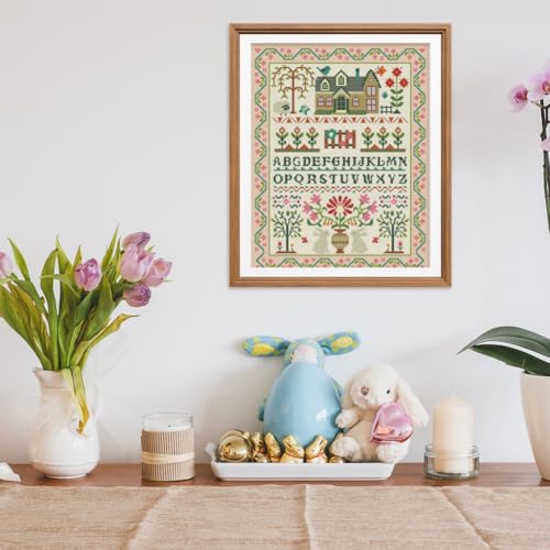 Image of FREEBLOSS 11CT Stamped Cross Stitch Kits Folk Art House Pattern Cross Stitch Wall Painting Kit Embroidery Needlepoint Set for Beginners Adults 40x50cm /15.7x19.7inch