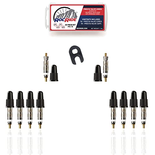RocRide Presta Valve Cores with Removal Tool and 10 Cores and 10 Caps for Tubeless Tires. Mountain, Road Bike and BMX Compatible. Silver 10 Pack with Box. RocRide Presta Valve Cores with Removal Tool and 10 Cores and 10 Caps for Tubeless Tires. Mountain, Road Bike and BMX Compatible. Silver 10 Pack with Box.