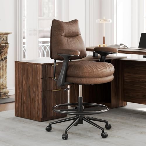 Image of Drafting Chair, Tall Leather Office Desk Chair, Vintage Brown | Extra Thick Cushion, Padded Flip-Up Armrests, Mid-Back Cushioned Seat, 360 Swivel Rolling Computer Desk Chair