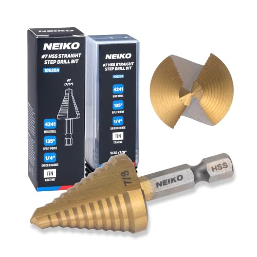 Image of NEIKO 10620A Step Drill Bit, 1 Step 7 /8 inch Straight High Speed Steel, Titanium Nitride Coated, 1 /4 inch Quick Change Step Bits for Steel, Metal, Wood, Plastic, Unibit Cone Drill Bits, Two Flute