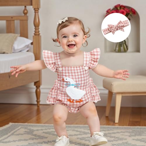 Honganda Cute Baby Girl Summer Romper Flying Sleeve Backless Goose Embroidery Plaid Bodysuit Onesie with Headband3