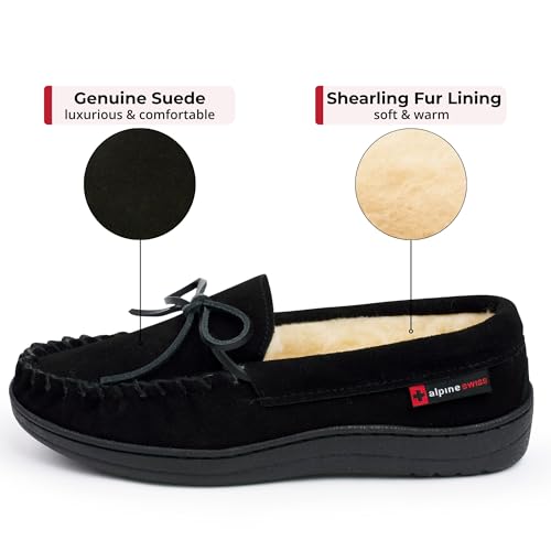 Image of Alpine Swiss Sabine Womens Moccasin Slippers Genuine Suede House Shoe Memory Foam Insole Plush Faux Shearling Fur Indoor Outdoor Anti-Slip Rubber Sole