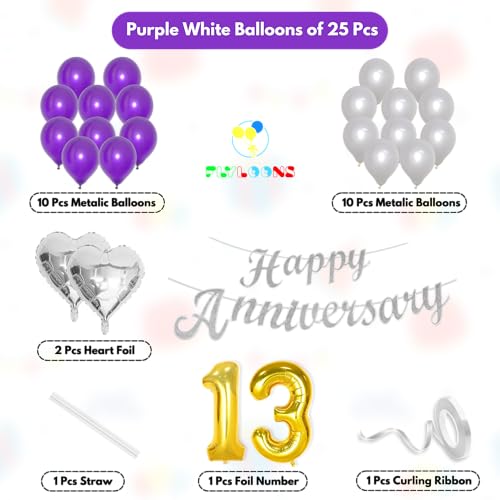 Image of Flyloons 13th Happy Anniversary Decoration Items Purple for Men Women Husband Wife Mom Dad Parent Couple Home Bedroom Car With 20 Pcs Metallic Balloons Anniversary Banner 2 Pcs Heart Set Kit