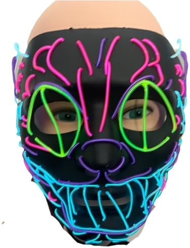 LED EL Wire Light Up Cat Mask – Festival & Party Rave Mask - Glowing Cosplay & Halloween Costume Accessory