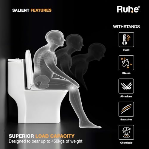 Image of Ruhe Aric One-Piece Western Toilet for Bathroom | S-Trap | White Glossy Ceramic | 27.1 x 14.3 x 29.1 inches | Soft-Close Seat Cover | Rubber Gasket Set | Dual Flushing | Siphonic Flush | Floor Mount