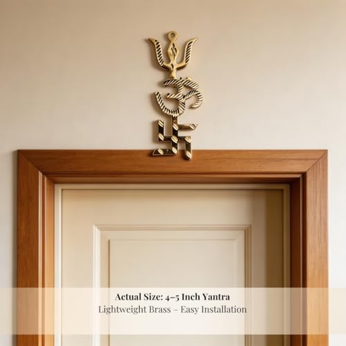 Image of Plus Value Trishakti Yantra Vastu Brass Swastik, Om, Trishul for Home, Office Main Door Protection and Decor, 5 Inch Gold, Positive Energy, Good Luck, Astrology Gift, Entrance Wall Hanging
