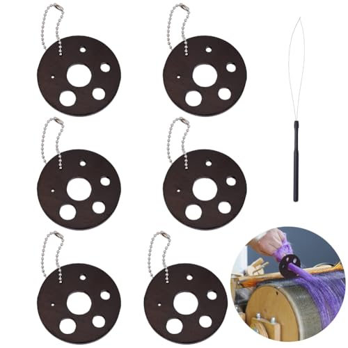 NBEADS 6 Stück Runder Buchenholz Diz Für Roving, Holzstickgarnplatte Spin Roving in Garn Mit Schlaufennadeleinfädler Und 6 Stück Anhängerketten Für Web Und Nähprojekte (Loch: 19/12.5/10/7/5/3/2.5mm)
