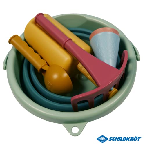 Schildkröt® 7in1 Sand Toys Set in Bio-Qualität: Innovatives Sand-Spielset mit 6 Werkzeugen aus Zuckerrohr zum Graben, Formen, Sieben und Rechen, Faltbarer 3 Liter Eimer