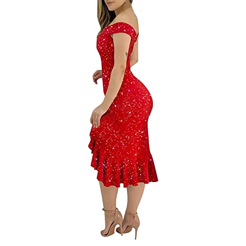 Formal Dresses For Women Off Shoulder Ruffles Bodycon Dress Sexy Slit Midi Party Cocktail Wedding Guest Dresses Plus Size Fashion Bridesmaid Dresses Elegant Prom Dress(Z Red,Xx-Large) #TOP2