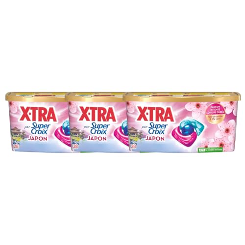 Super Croix par X•Tra -Trio-Caps - Japon - Fleurs de Cerisier & Thé Vert - Moment Evasion - Experience Sensorielle - Parfum Intense - Longue Durée - Efficace dès 20°C - 3x28 Lavages - Pack Famille