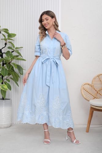 utcoco Women's Embroidered Eyelet Shirt Dresses Belted Puff Sleeve Button Down Swing Boho Cotton Maxi Shirt Dress3